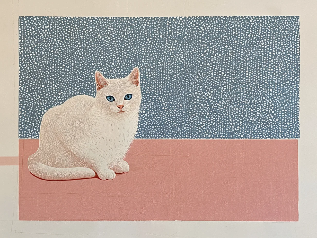 A small white cat waits on a coral threshold below a stippled blue field.