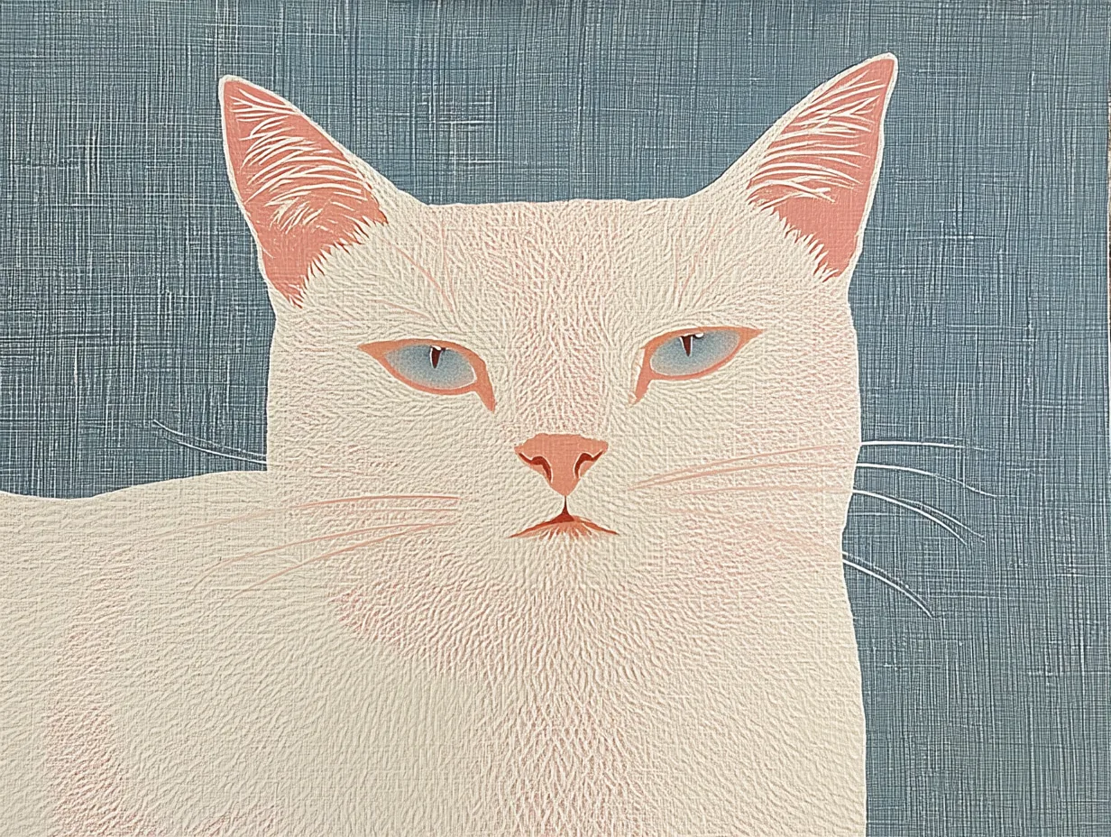 A pale cat faces forward against a quiet blue field.