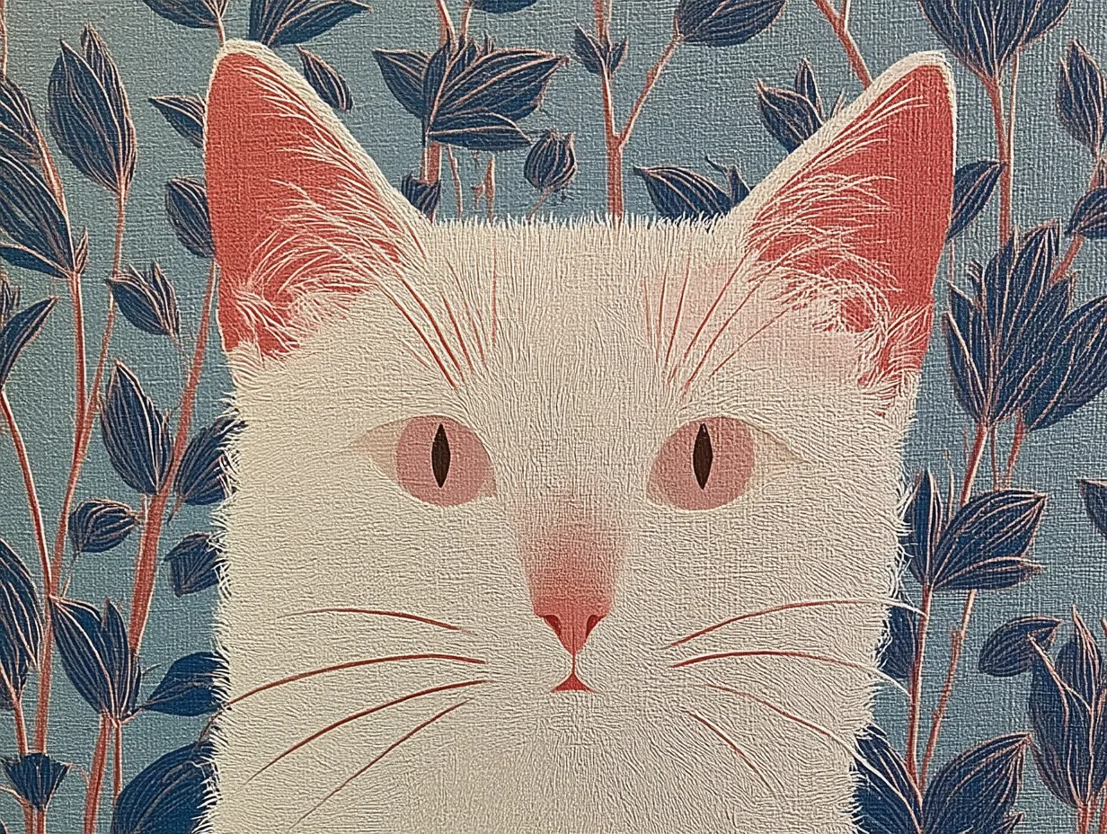 A pale cat appears between broad dark-blue leaves.