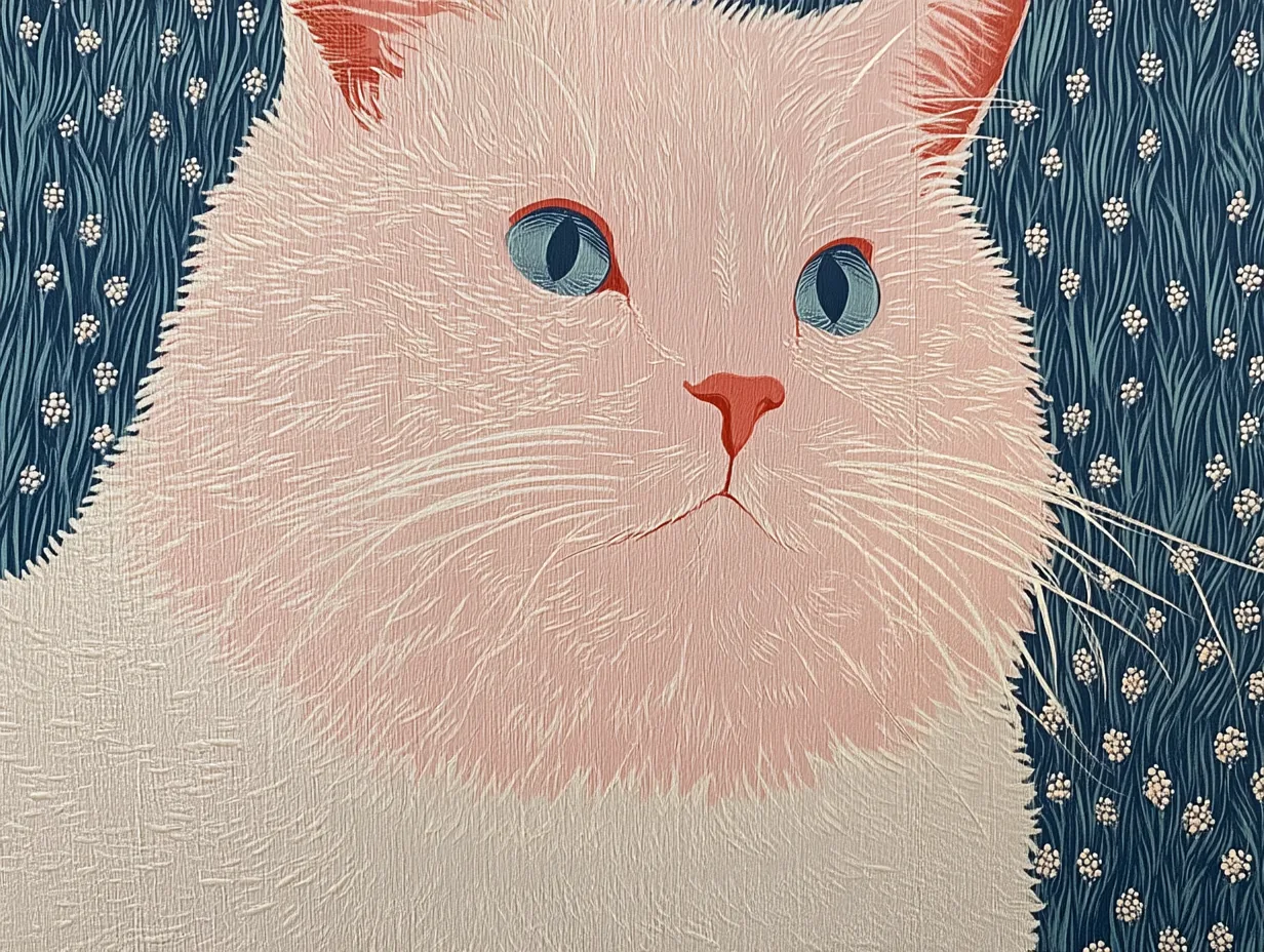 A white cat with blue eyes sits beside a dark floral pattern.
