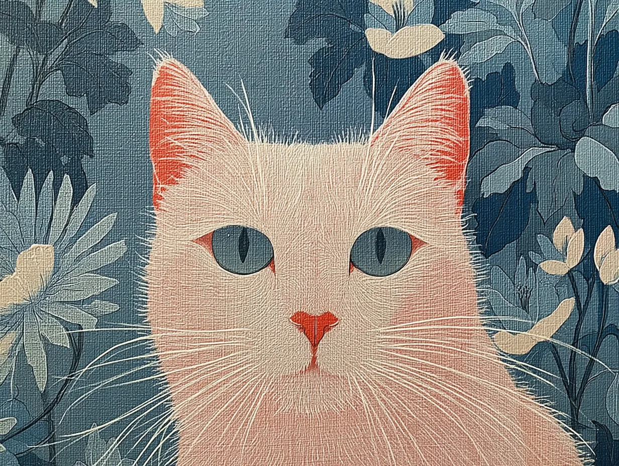 A pale cat looks out from layered blue and cream leaves.