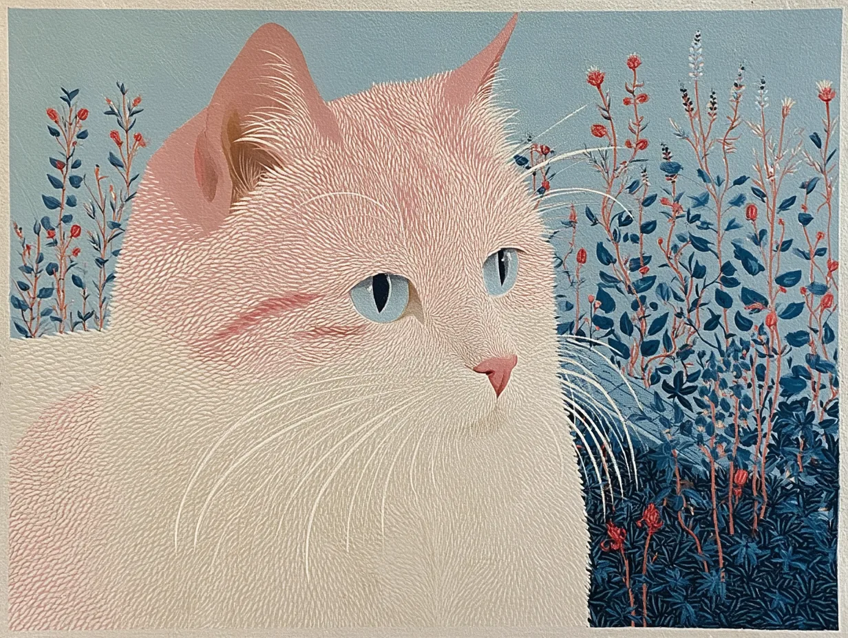 A pale cat turns beside blue stems and red berries.