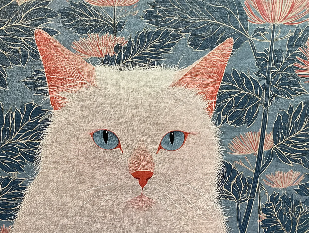 A white cat rests among large blue and coral flowers.