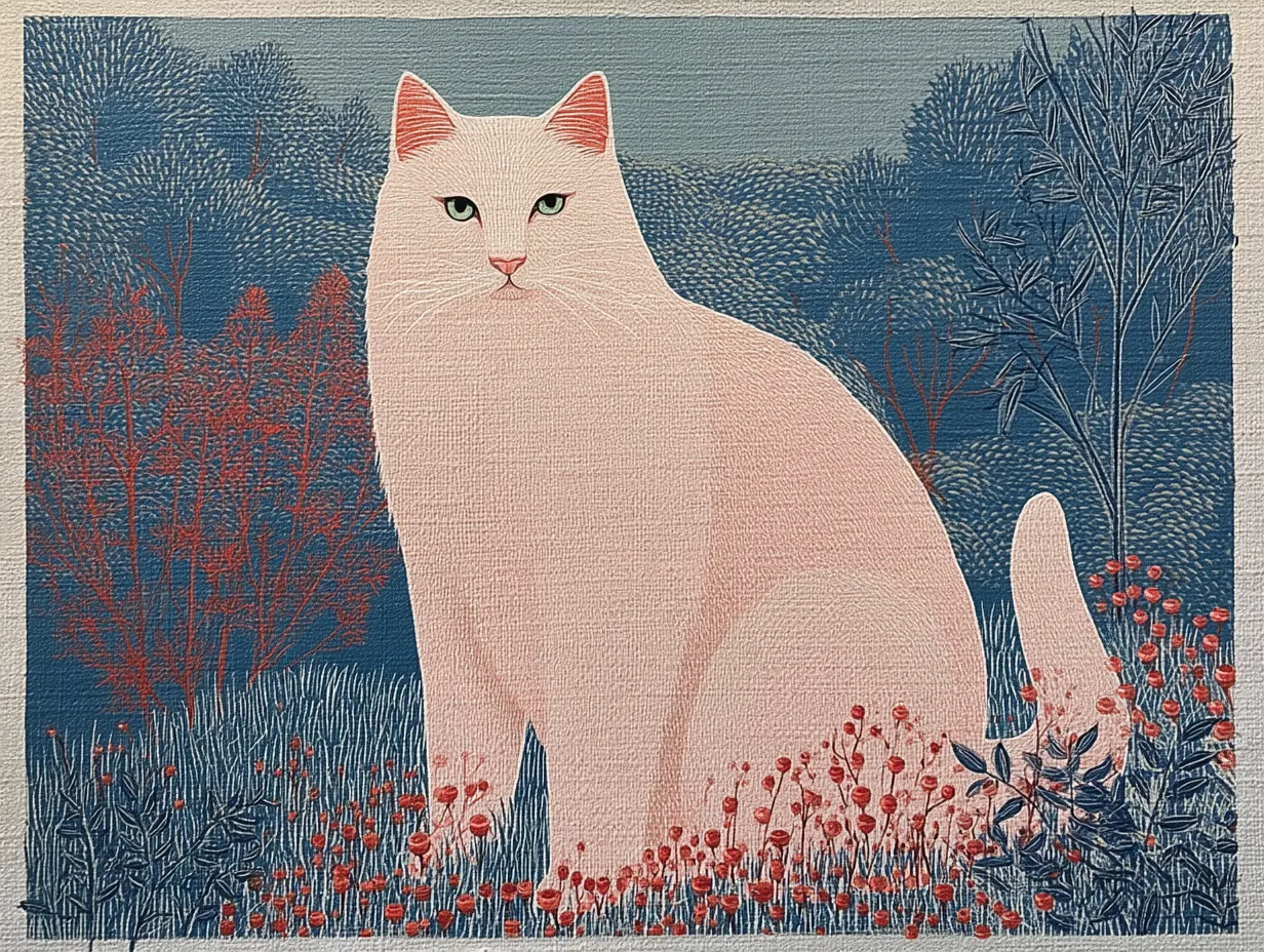 A white cat stands in a dark landscape of coral grasses.