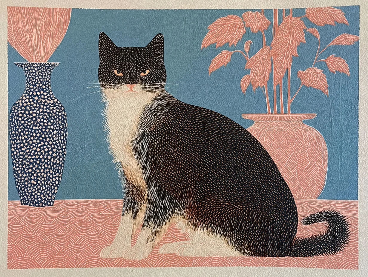 A black-and-white cat sits between patterned vessels and plants.