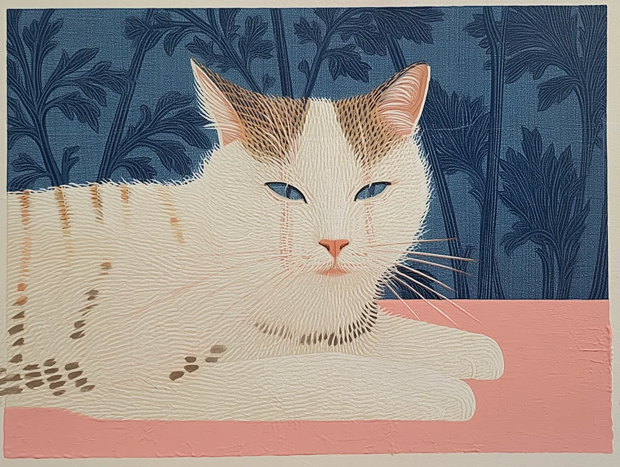 A cream cat reclines beneath dark blue trees.