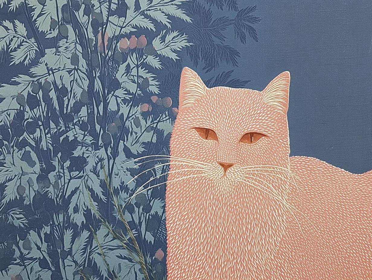 A peach-toned cat waits beside a blue botanical thicket.
