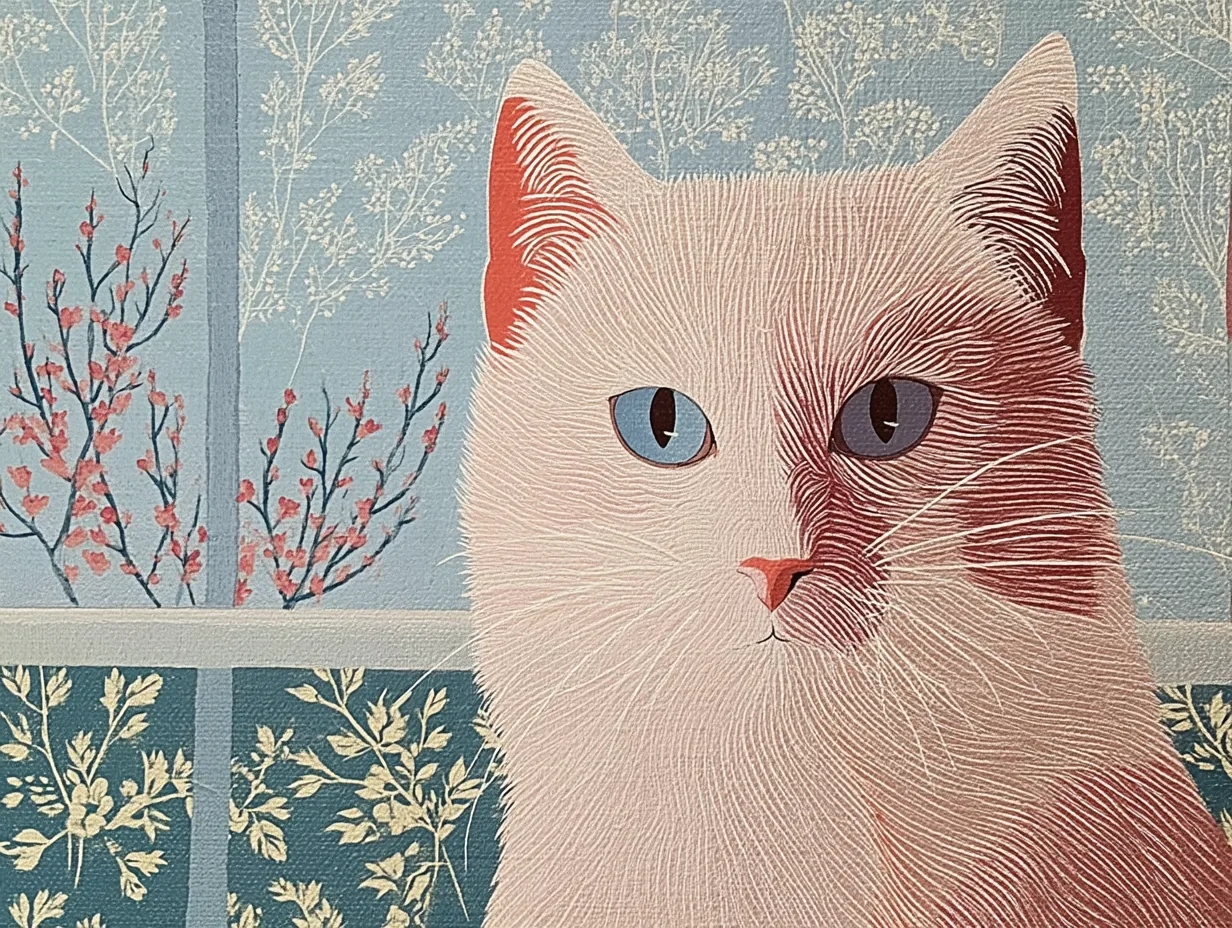 A pale cat with a dark facial patch appears against botanical panels.