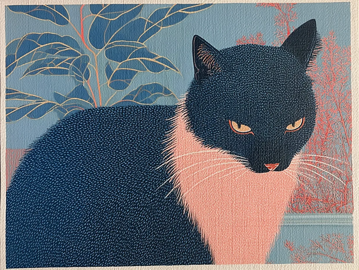 A black-and-white cat lowers its head before blue branches.
