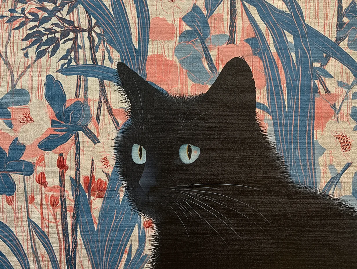A black cat keeps watch from dense blue and coral foliage.