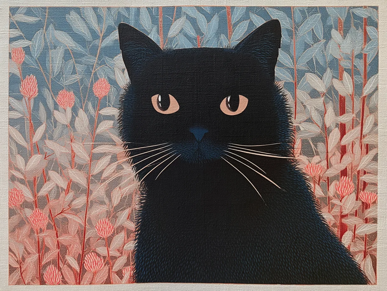 A black cat faces forward among pale blue leaves and coral flowers.