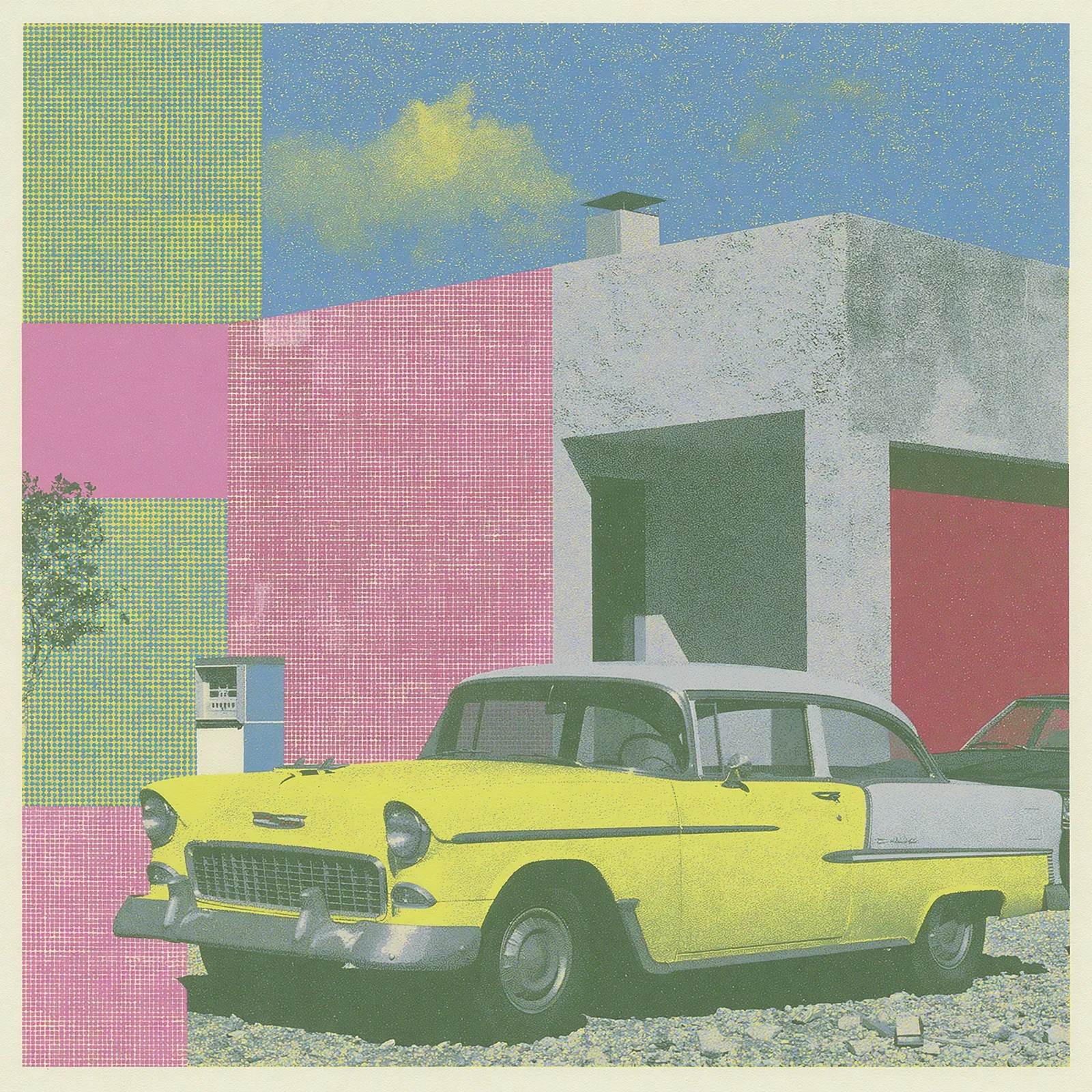 Yellow and cream 1955 Chevrolet before a pink, green, and white modernist house beneath a soft blue sky.