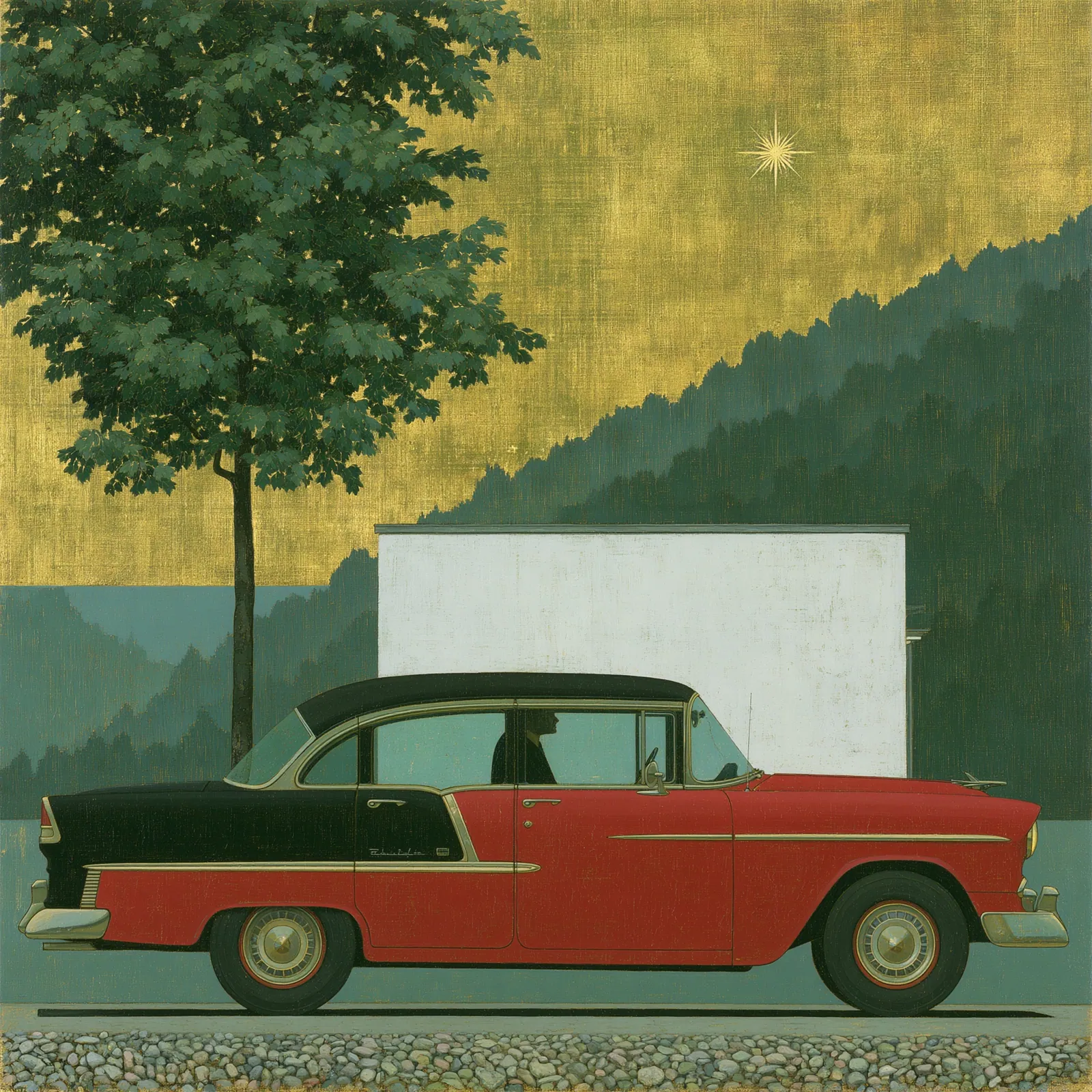 Red and black two-tone 1955 Chevrolet beneath a broad green tree, with gold sky and dark mountains beyond.