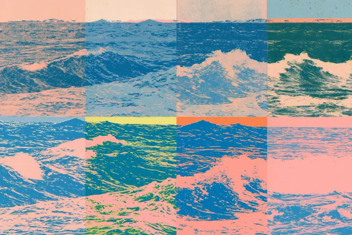 Riso print grid: eight overprinted panels of wind chop in pink and blue