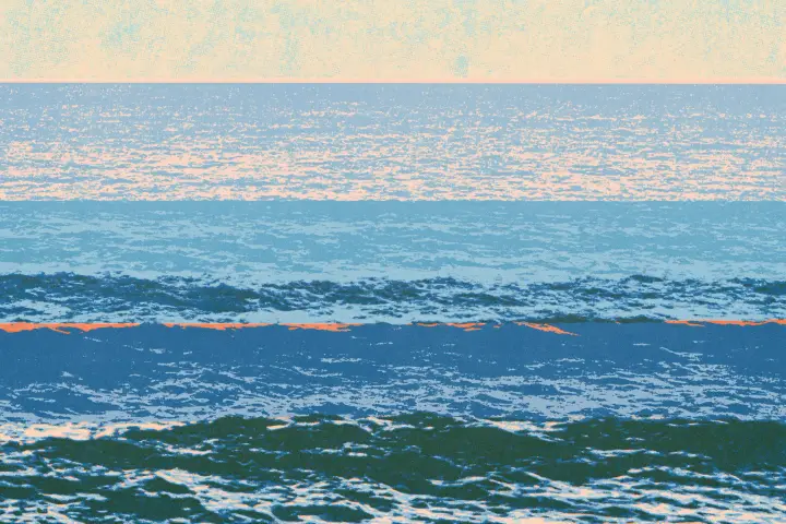 Riso print: a calm banded horizon, silver sea under a pale peach sky