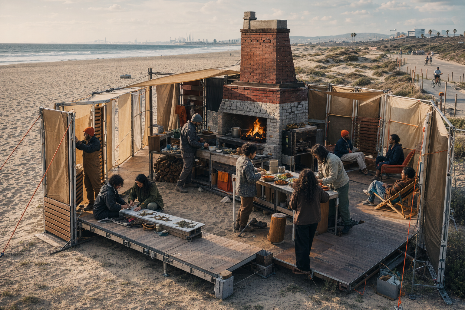 Ten people cooking, repairing, resting, making art, and talking in a wind-sheltered modular courtyard around a large brick-and-stone hearth beside the ocean.