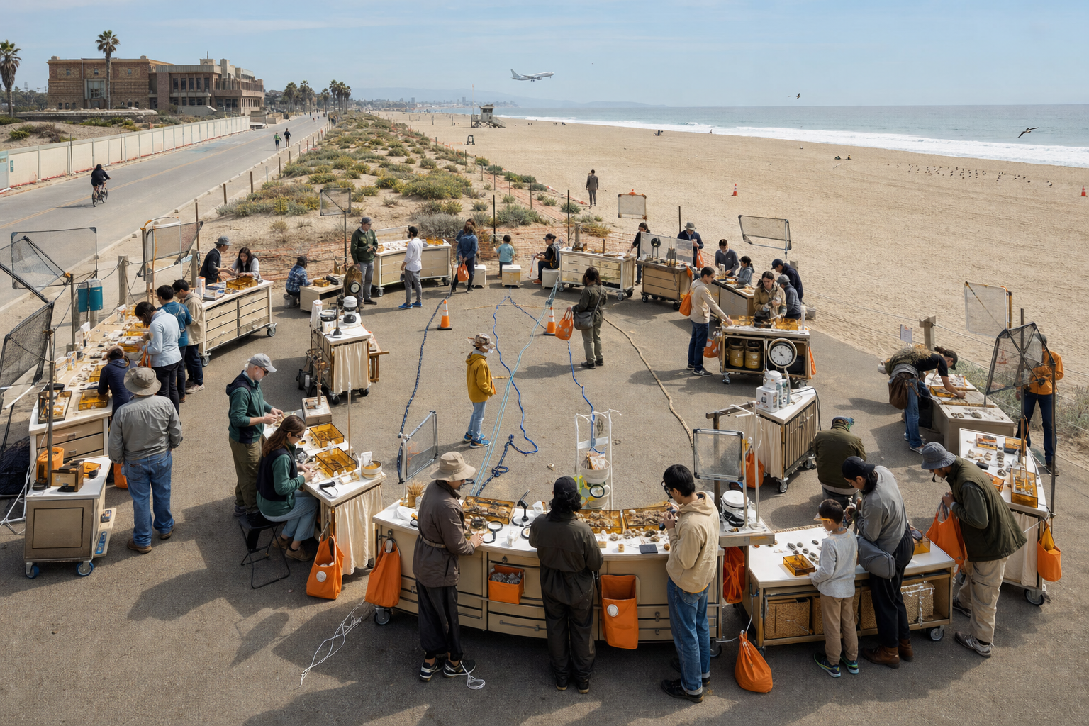 A crescent of rolling field cabinets, shallow study trays, stools, magnifiers, and people examining beach findings on a paved coastal overlook.
