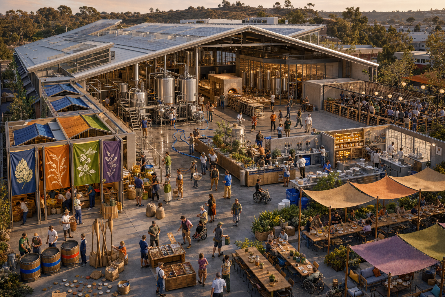 A large inland community fermentation campus combines stainless brewing equipment, bread ovens, honey worktables, four team bays, accessible paths, shade, and long communal tables.