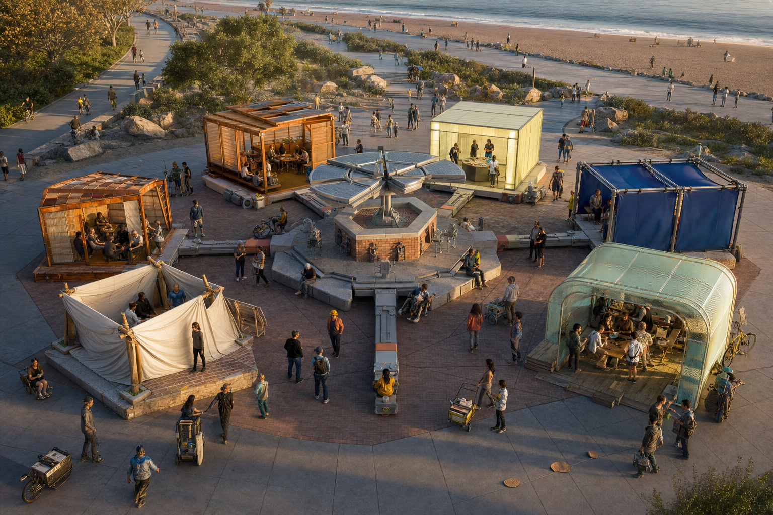 A brick, stone, and precast-concrete coastal hardpoint connects to six distinct temporary rooms while broad public paths remain open.