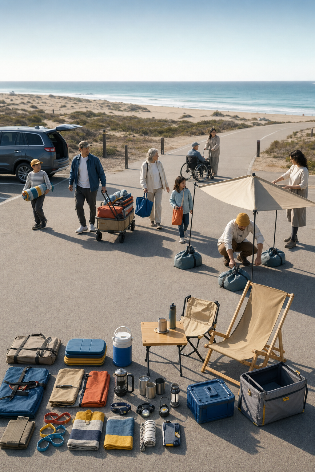 An intergenerational group arrives by handcart while fifteen brand-neutral public-life objects form a precise coastal inventory.