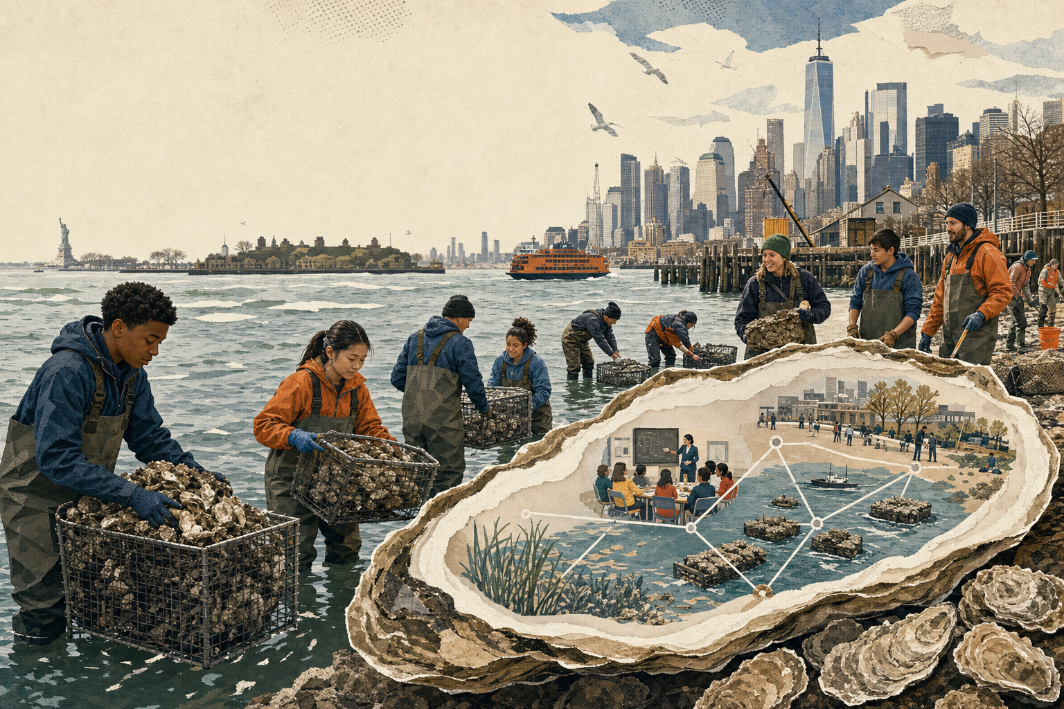An editorial cut-paper view of New York Harbor where students and volunteers work around a giant oyster-shaped civic map.