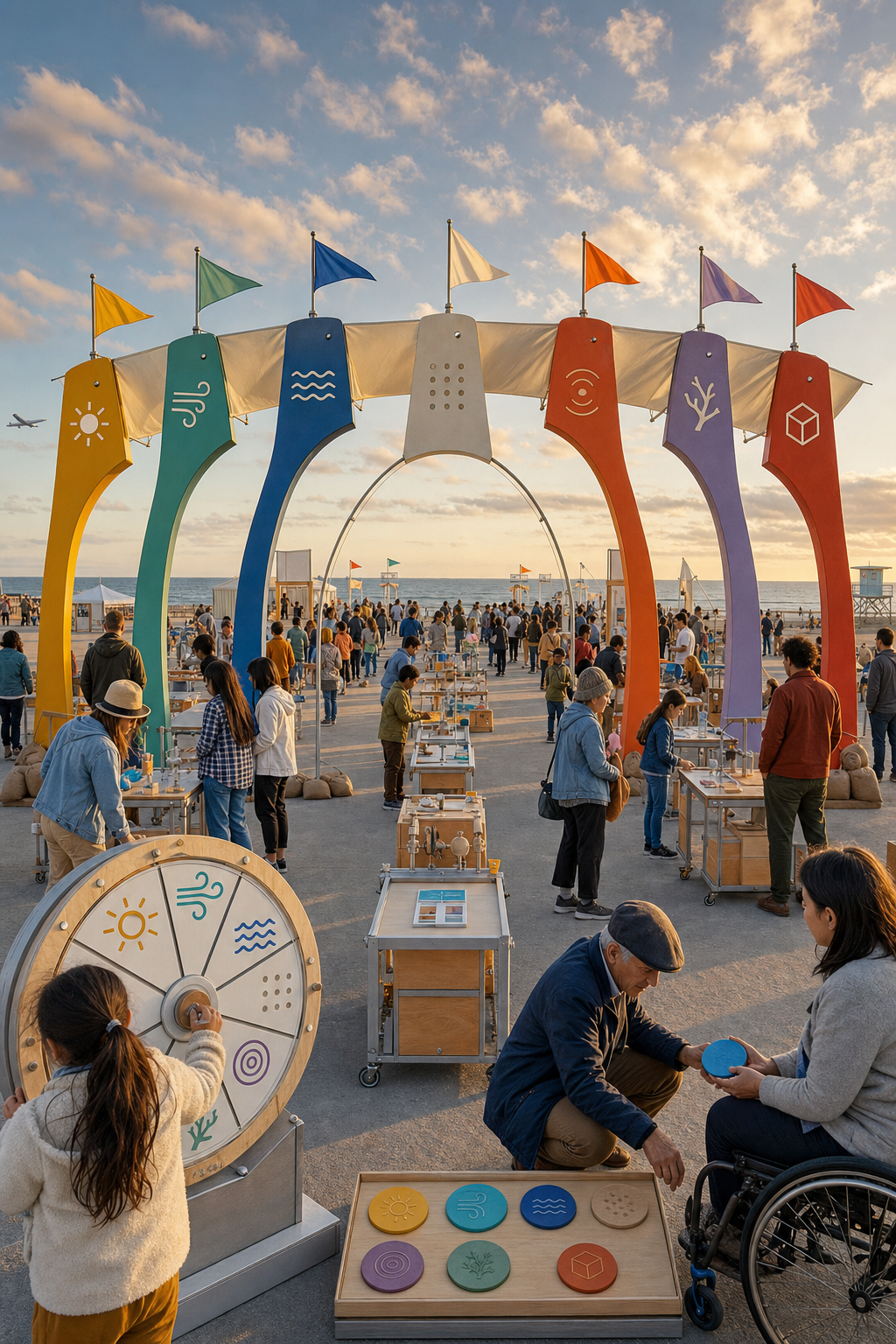 An intergenerational science fair enters seven colorful avenues through a reversible curiosity gate beside the beach.