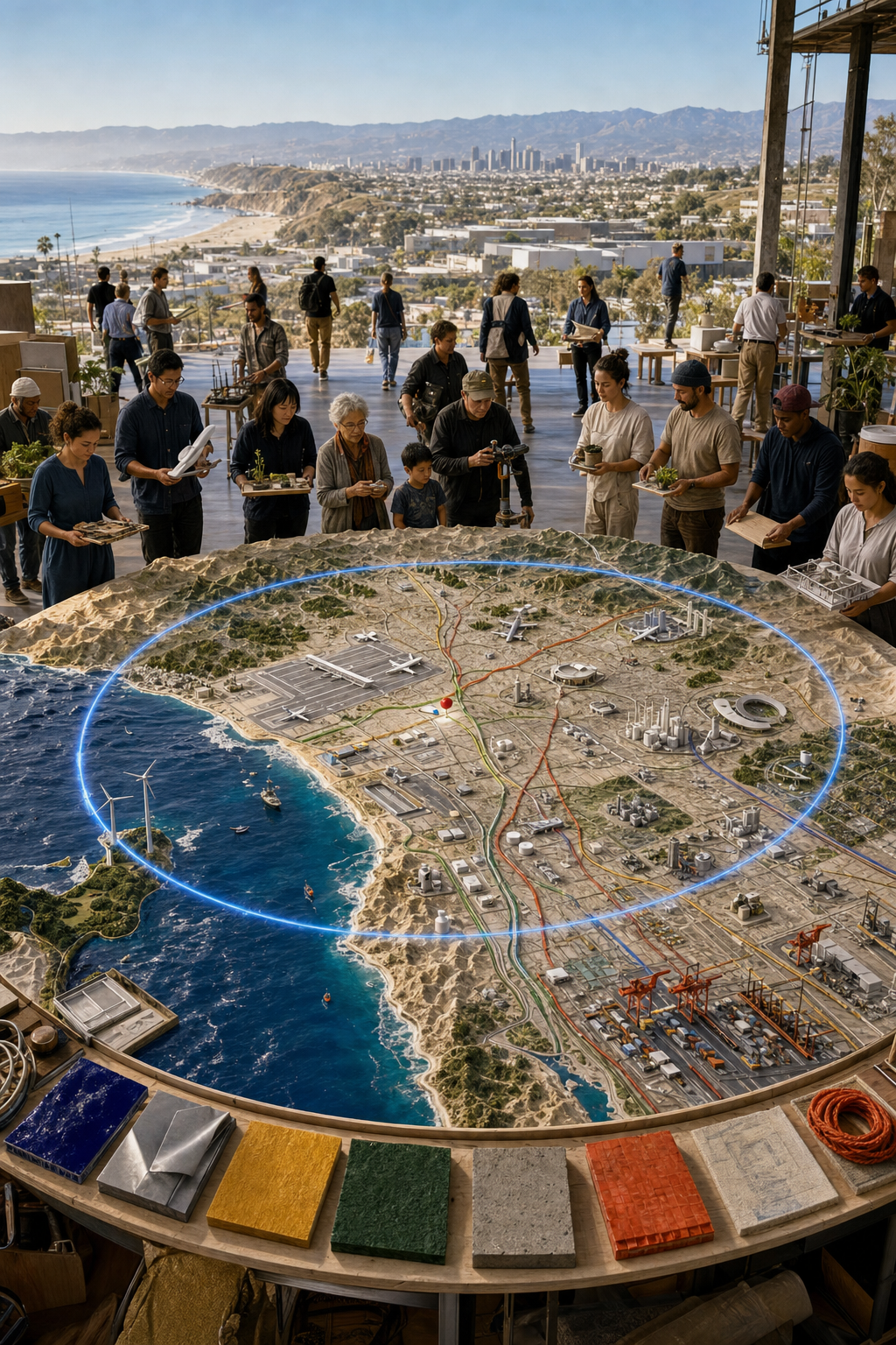 A circular physical relief map centered on El Segundo gathers regional makers around a glowing radius ring.