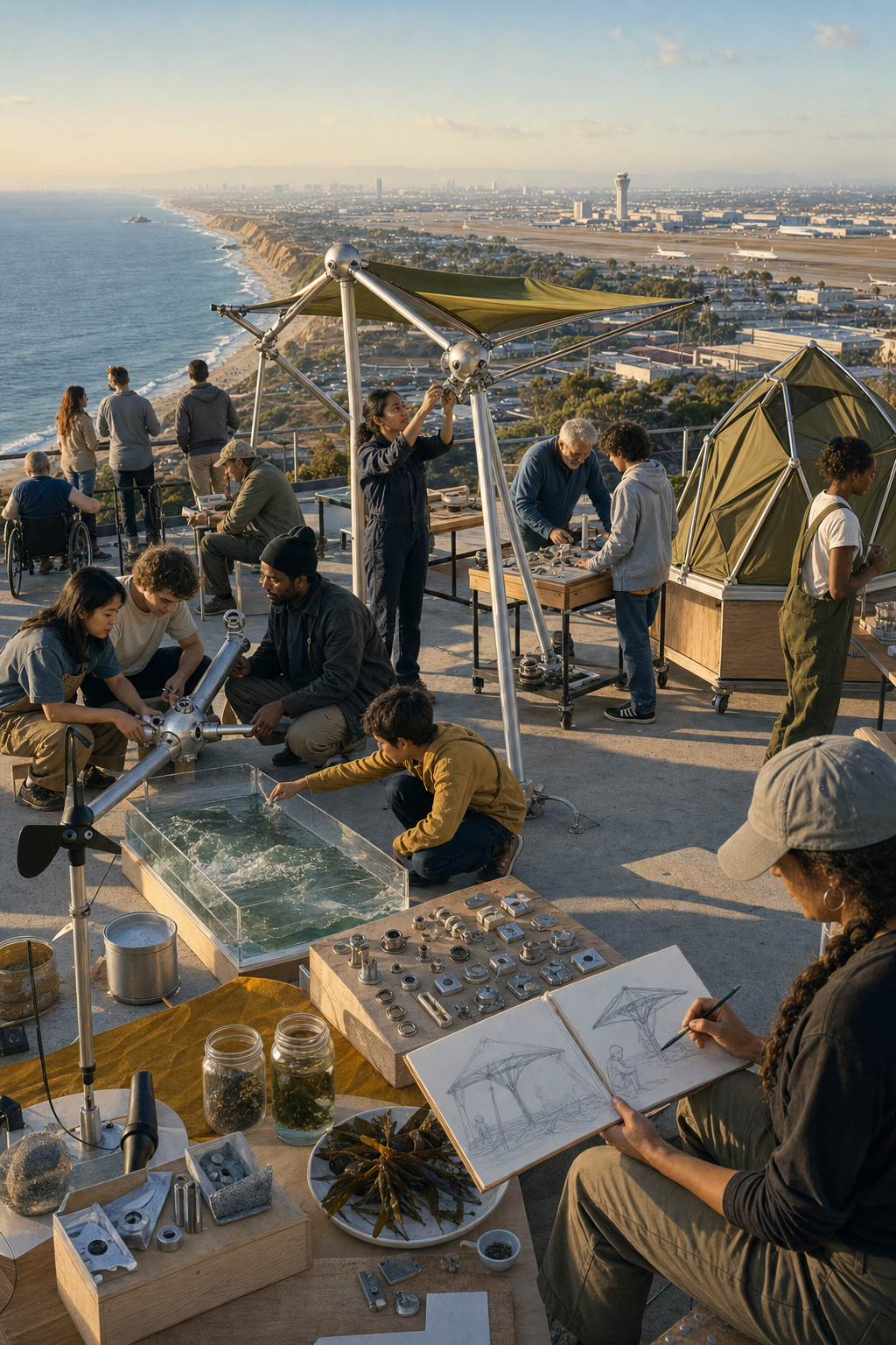 A mixed team tests a reversible coastal structure with aerospace-like joints and a closed wave model.