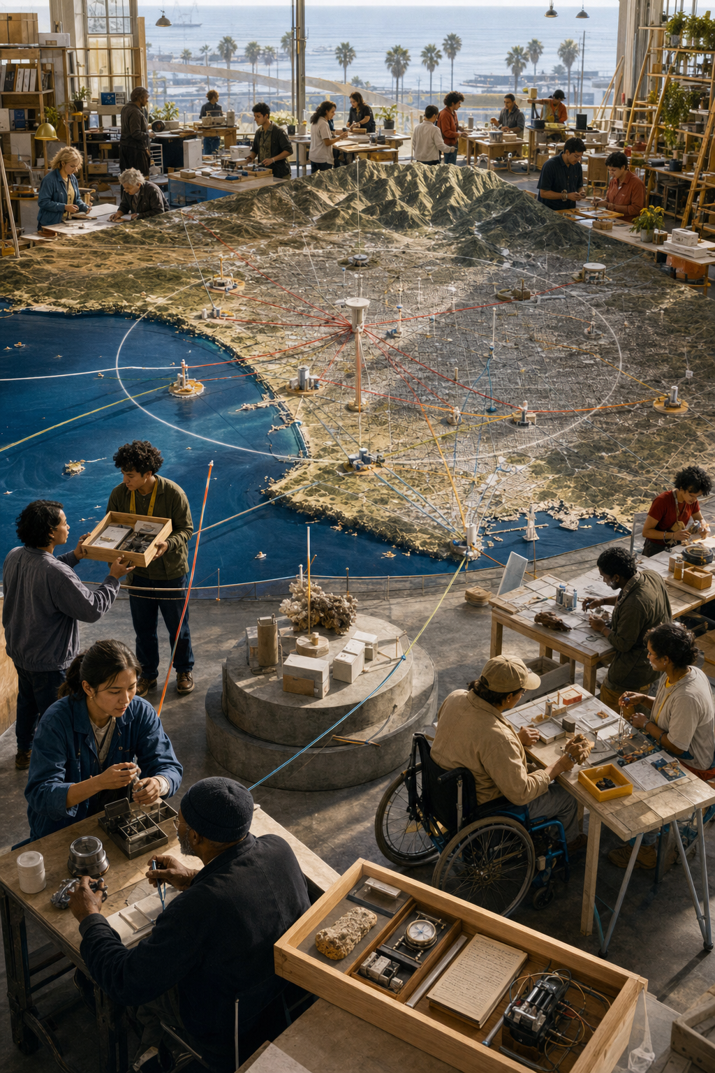 A regional relief map connects distributed learning tables with physical proof cases.