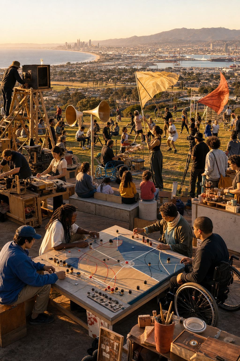 A public field combines low-tech media making, music, games, and accessible gathering at golden hour.