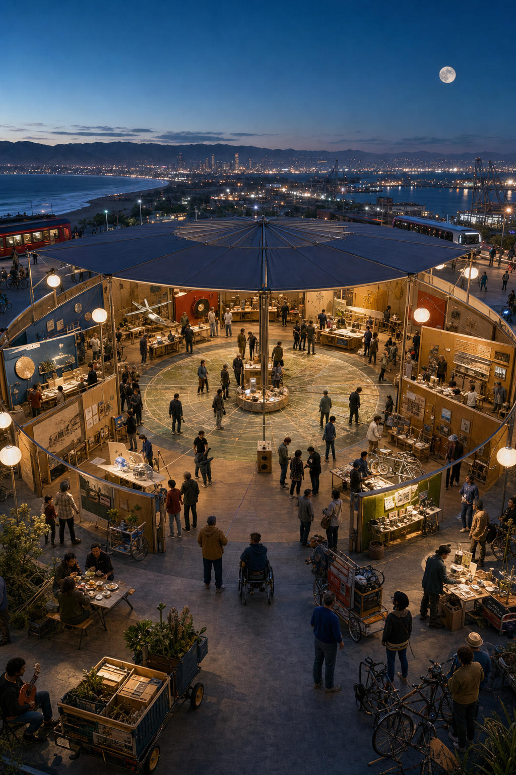 A blue-hour circular exchange displays regional prototypes beneath a reversible canopy.