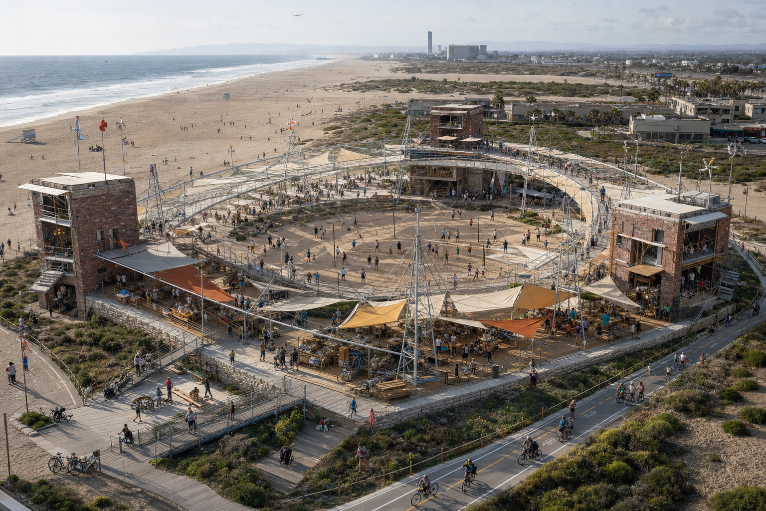 Aerial architectural view of three brick beach hardpoints connected by a vast oval of light masts, suspended canvas, public terraces, ramps, courts, workshops, and shared tables.