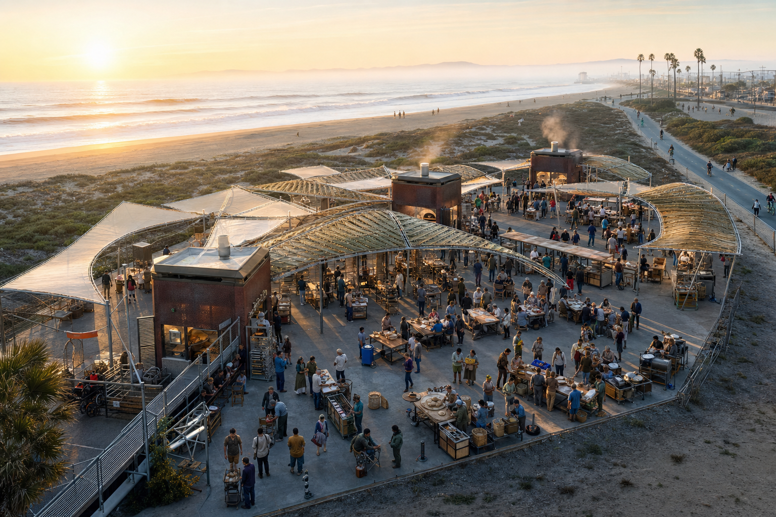 Sunrise aerial view of a temporary coastal bakery commons with three brick service anchors, sweeping woven shade, communal preparation tables, mobile bakery equipment, accessible paths, and the open Pacific shoreline.