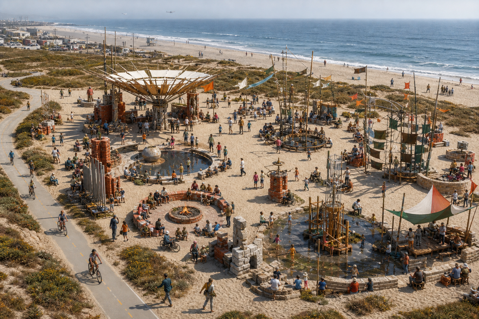 Aerial view of a reversible public sculpture yard beside the Pacific, with shade, wind structures, a shallow basin, water court, circular seating, accessible routes, open dunes, and the bike path.