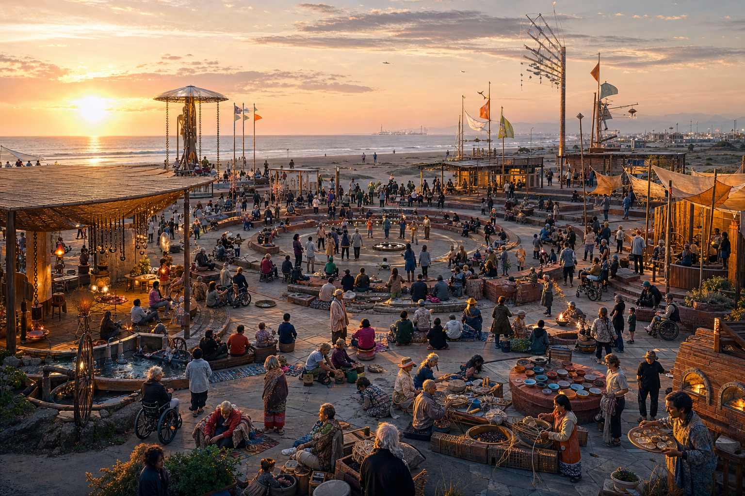 Epic sunset Tide Parliament with concentric accessible seating, hundreds of participants, inland tide markers, ceramic voting tokens, bread, weaving, sculpture, music, all Weather School pavilions, open dunes, and a clear ocean horizon.