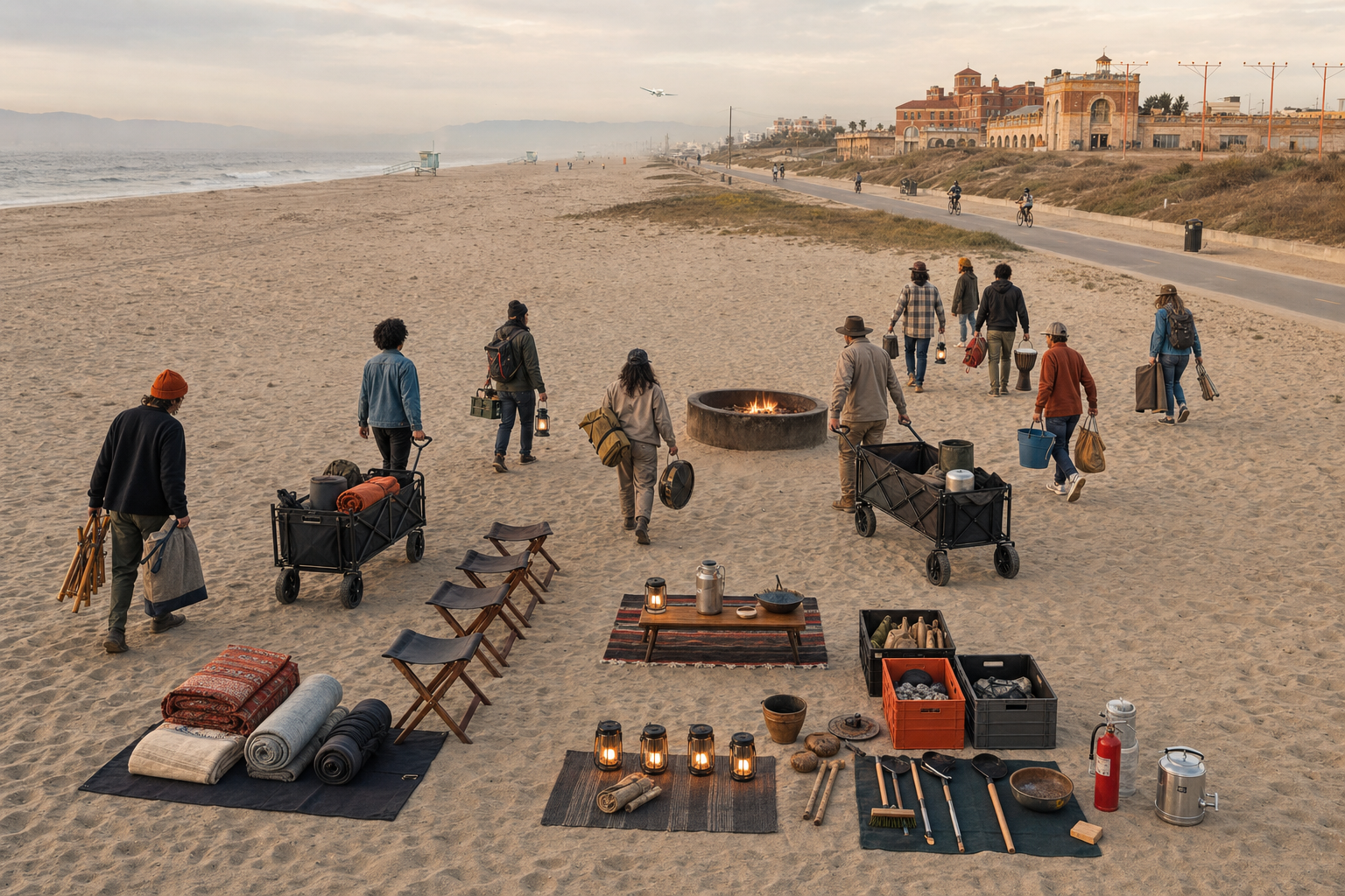 Adults approaching an official Dockweiler fire ring with two wagons and an organized array of stools, cloths, lanterns, instruments, water, crates, and safety equipment.