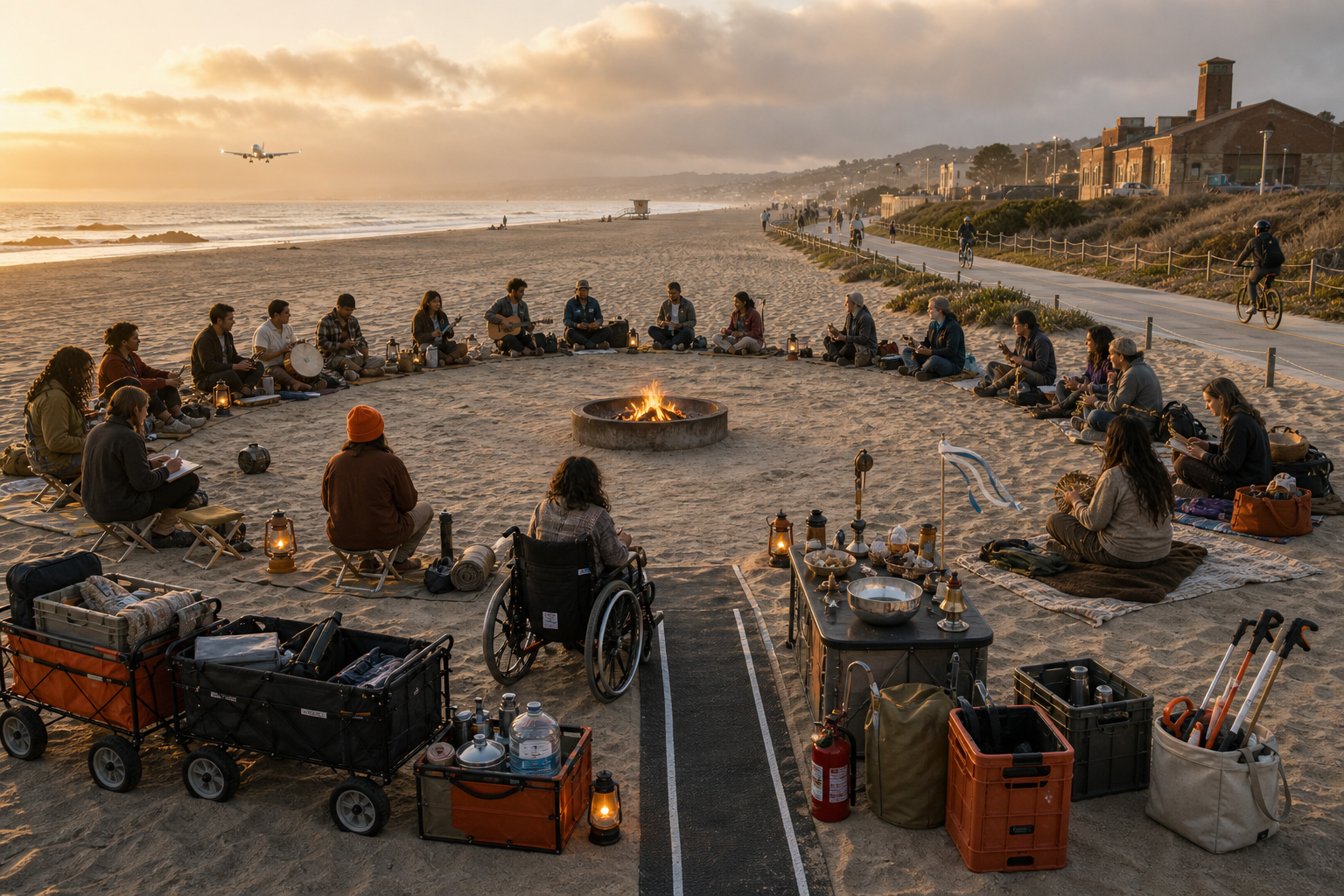 A low accessible crescent of adults, stools, ground cloths, lanterns, wagons, and acoustic instruments around a broad safety halo and an existing fire ring at golden hour.