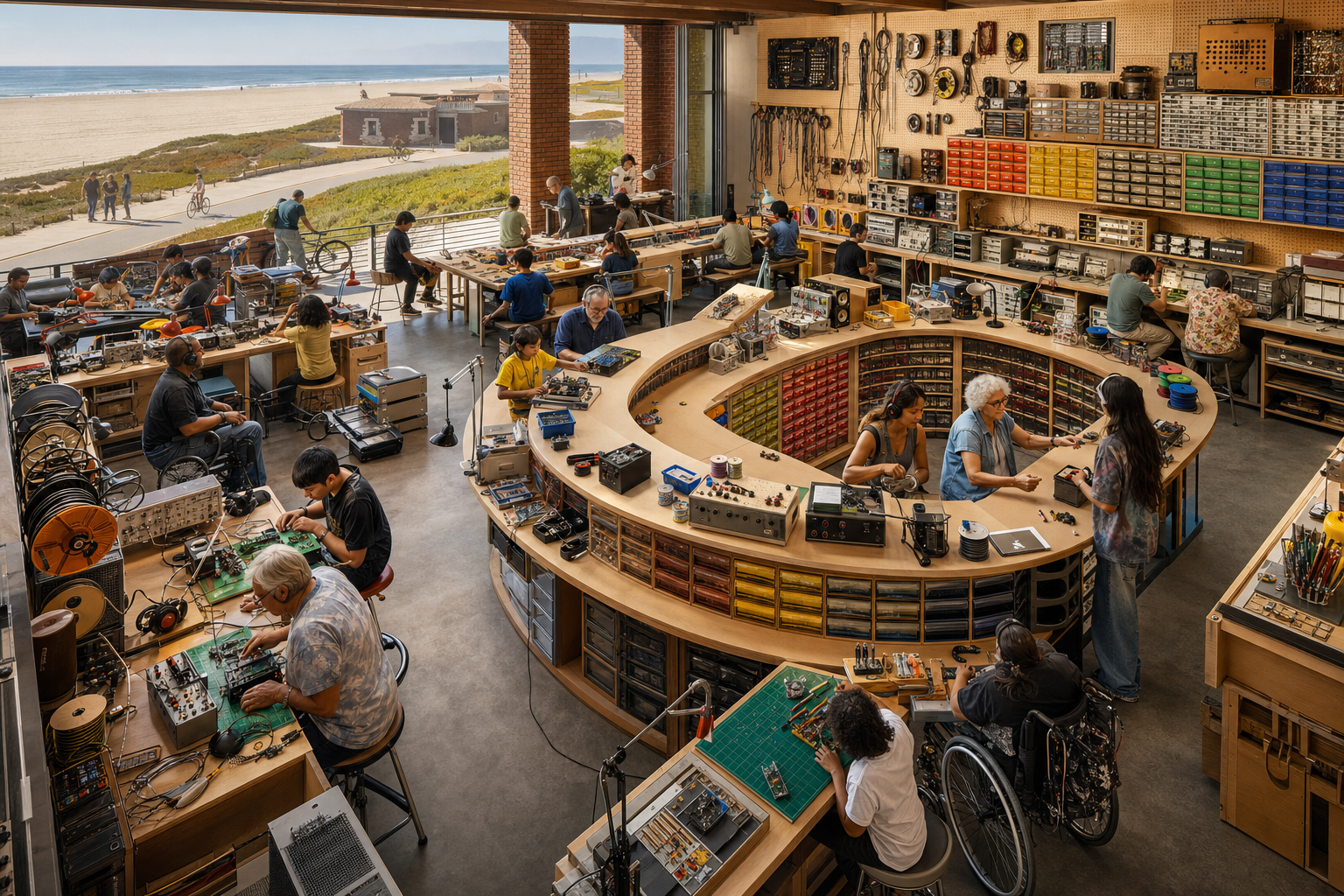 A large coastal electronics workshop with a horseshoe plywood parts counter, color-sorted drawers, accessible group benches, tools, repaired radios, and the beach visible beyond.