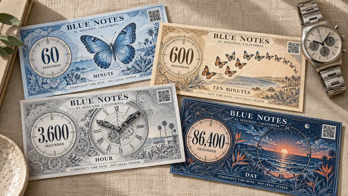 Four illustrated Blue Notes in 60, 600, 3,600 and 86,400 Segundo denominations on linen beside a watch, labeled Community Time Note and Not Legal Tender.