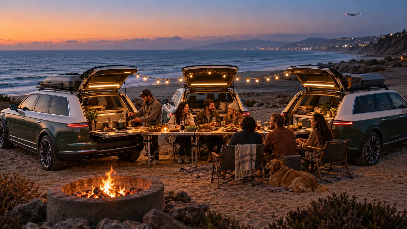 Three green-and-white Dockweiler concept wagons with open tailgates around a shared table and beach fire at dusk.