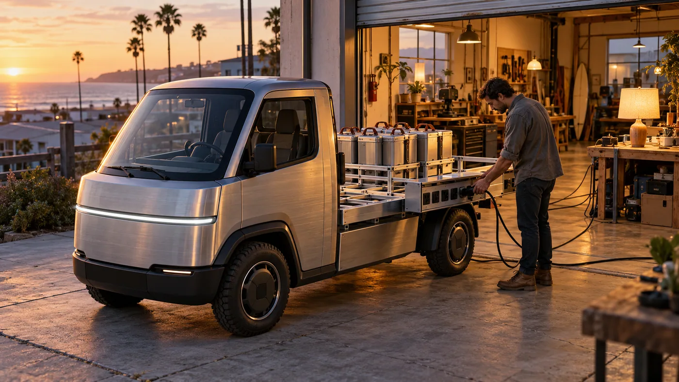 Brushed-aluminum Lumen concept microtruck carrying handled battery Cells, with a person connecting a cable beside an open coastal workshop at dusk.