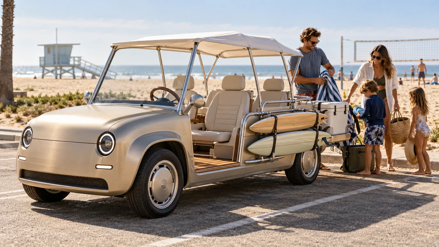 Dune-colored open-air Strand concept with a sailcloth canopy and side-mounted surfboards, beside a family at a beach parking area.