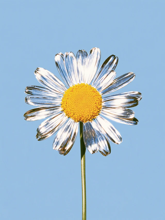 Chrome petals and a sun-yellow center make a flower feel industrial.