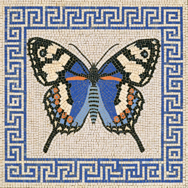 A classical Greek mosaic idea reframed as a digital butterfly relic from 2044.