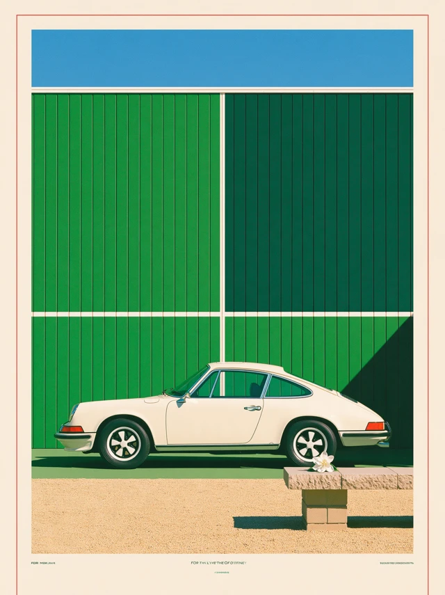 The empty tennis pavilion: club green, warm ivory and the quiet geometry of a Porsche.