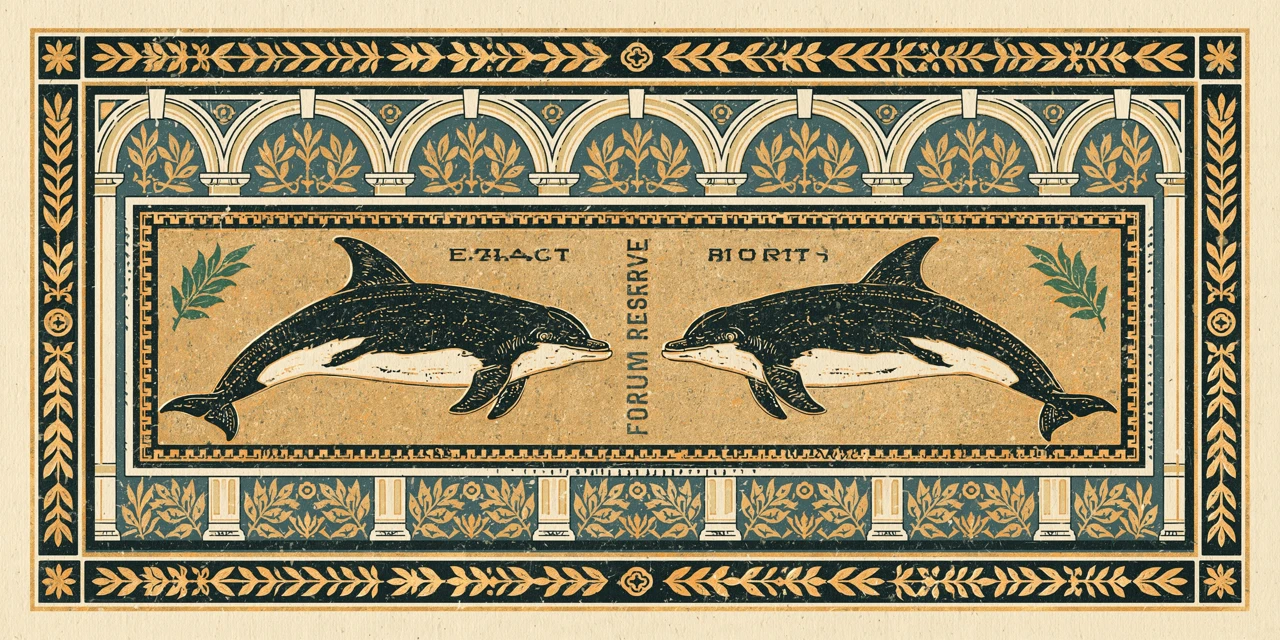 Dolphins, arches and laurel recast as an ornamental art note.