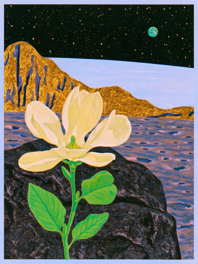 An ivory magnolia rests on lunar basalt. The garden has left Earth.
