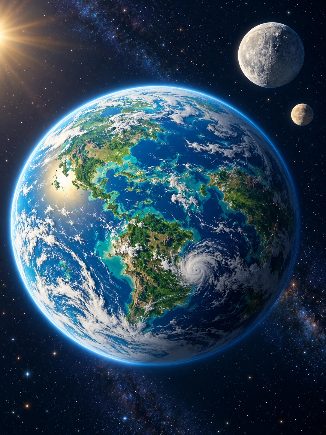 A bright Earth-like planet with two moons in space