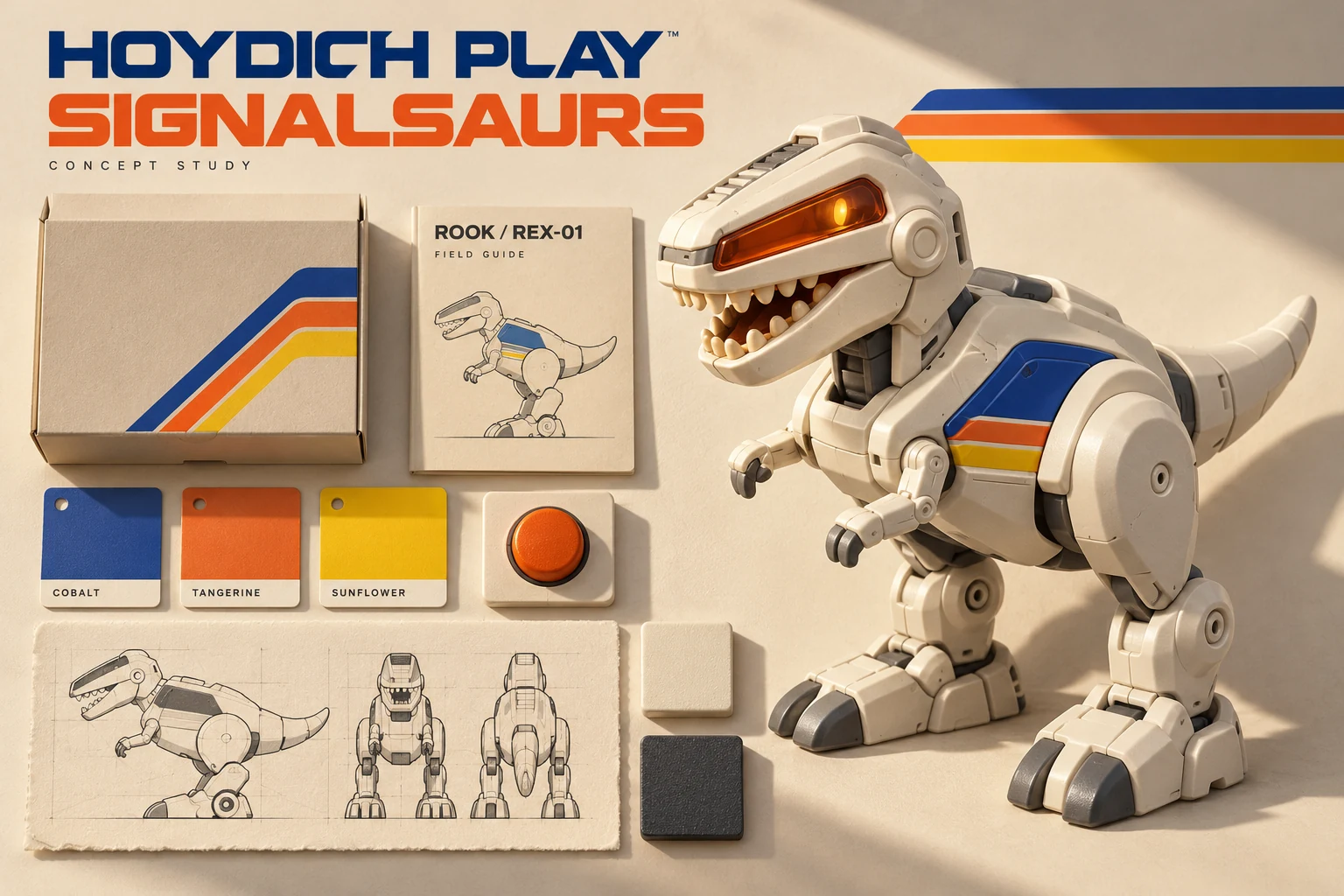 Cream ROOK robot-dinosaur concept with cobalt and orange accents, material samples, packaging and field-guide studies.