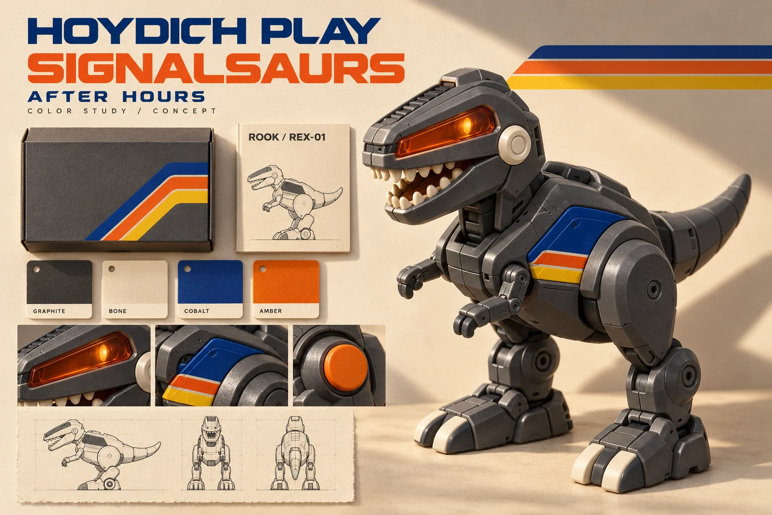 Graphite ROOK robot-dinosaur color study with amber visor, material swatches and matching packaging.